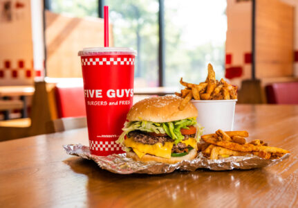 A burger, fries and milkshake